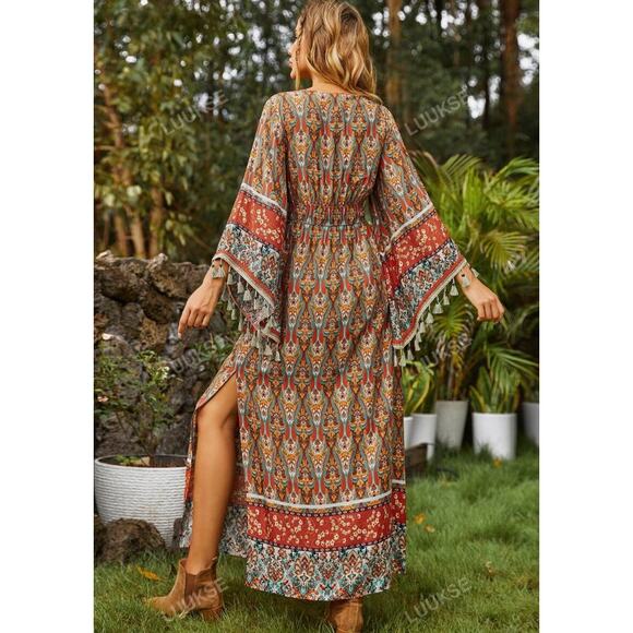 Luukse Allover Print Flounce Sleeve A-Line Kaftan Maxi Dress Boho Hippie Sz S - Picture 2 of 9